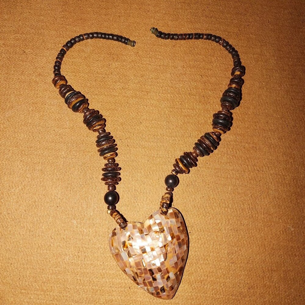 Handcrafted Heart Pendant Necklace With Beaded Brown Tones & Mosaic Shell Design